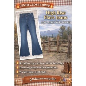 Wax Jean Collection High Rise Flare Jeans 3/26 Medium Wash Raw Hem Stretch Denim